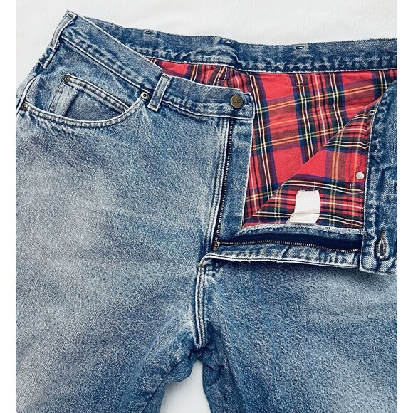 Vintage LL Bean 40x30 Flannel Lined Jeans Blue Denim USA Worn Red Plaid Winter - Picture 8 of 14